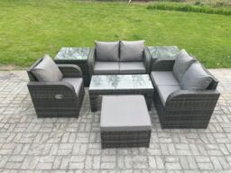 Fimous Rattan Outdoor Garden Furniture Sofa Set Patio Table & Chairs Set with Big Footstool 2 Side Tables Dark Grey Mixed - thumbnail 1