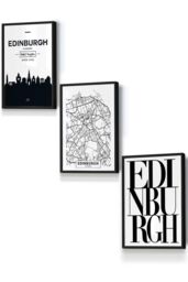 ARTZE EDINBURGH Skyline Street Map City Prints Framed Wall Art - Small in Black - Size: W33 cm x H45 cm x D20mm