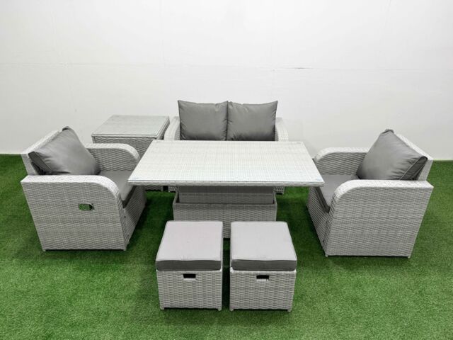 Fimous Light Grey PE Wicker Rattan Garden Furniture Set Sofa Set Reclining Chair Adjustable Lifting Dining or Coffee Table 6 Seater 2 Small Stools - image 1
