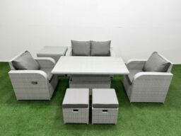 Fimous Light Grey PE Wicker Rattan Garden Furniture Set Sofa Set Reclining Chair Adjustable Lifting Dining or Coffee Table 6 Seater 2 Small Stools - thumbnail 1