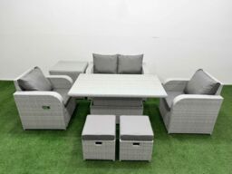 Fimous Light Grey PE Wicker Rattan Garden Furniture Set Sofa Set Reclining Chair Adjustable Lifting Dining or Coffee Table 6 Seater 2 Small Stools - thumbnail 2