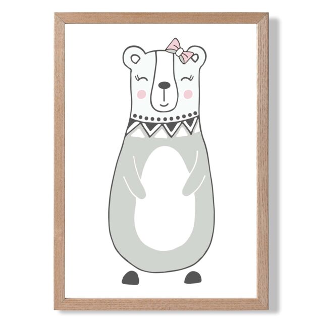 ARTZE Cute Grey Mama Bear Scandi Animal Framed Print SIZE: A3 with Oak Frame - Size: A4 - image 1