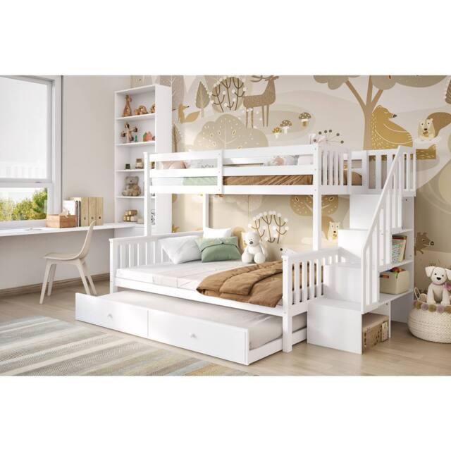 Flair Tag Triple Staircase Bunk Bed with Trundle in White - Size: Double - image 1