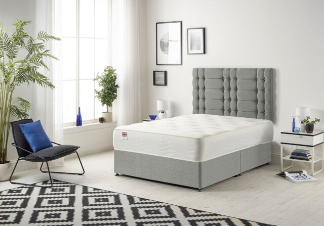Somnior Bliss Divan Bed with Sprung Memory Foam Mattress & Headboard Tweed Fabric in Grey - Size: Super King - image 1