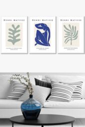 ARTZE Set of 3 White Framed Matisse Botanical Shapes with Nude in Green & Blue Wall Art in Light Green - Size: W33 cm x H45 cm x D20mm - thumbnail 1