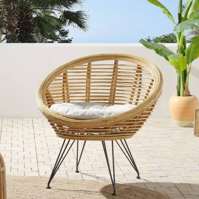 Wyld and Coco Natural Rattan Armchair Light Beige Cotton Cushion and Black Iron Legs - image 1