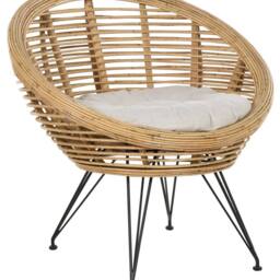 Wyld and Coco Natural Rattan Armchair Light Beige Cotton Cushion and Black Iron Legs - thumbnail 2
