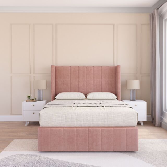 "Sloomy Melbourne Upholstered Wingback Bed Set With No Drawers & 54"" Floor standing Headboard -Plush Velvet in Pink - Size: Single" - image 1