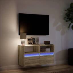 Berkfield Home TV Wall Cabinet with LED Lights Sonoma Oak 80x31x45 cm in Light Tan - Size: 80 x 31 x 45 cm - thumbnail 5
