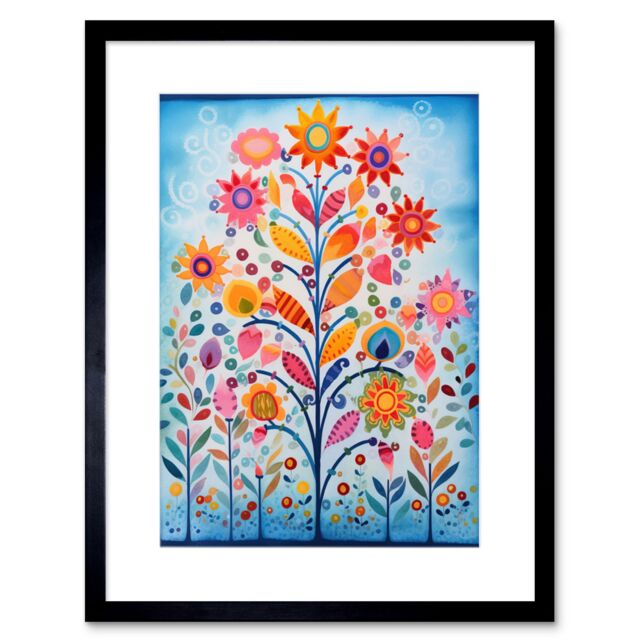 "Artery8 Wall Art Print Blooming Flowering Plant Pattern Folk Art Watercolour Painting Artwork Framed 9X7 Inch in Black - Size: W7"" x H9""" - image 1