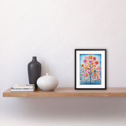 "Artery8 Wall Art Print Blooming Flowering Plant Pattern Folk Art Watercolour Painting Artwork Framed 9X7 Inch in Black - Size: W7"" x H9""" - thumbnail 2