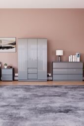Home Discount Vida Designs Glinton 3 Piece Bedroom Set Storage Furniture (2 Drawer Bedside Chest, 6 Drawer Chest, 3 Door 2 Drawer Wardrobe) in Grey - thumbnail 1
