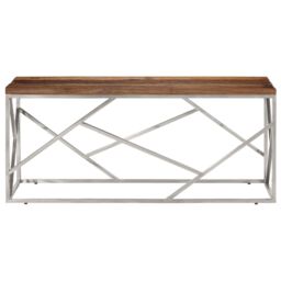 Berkfield Home Coffee Table Silver Stainless Steel & Solid Sleeper Wood - thumbnail 3