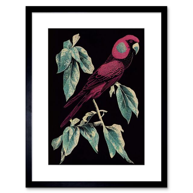 "Artery8 Wall Art Print Burgundy Parakeet Retro Modern Vintage Tropical Jungle Artwork Framed 9X7 Inch in Black - Size: W7"" x H9""" - image 1