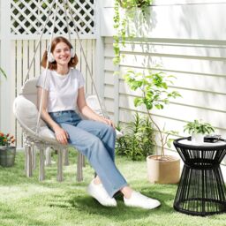 OUTSUNNY Hammock Chair, Boho Hanging Swing Chair with Cushion, Cream White - thumbnail 1
