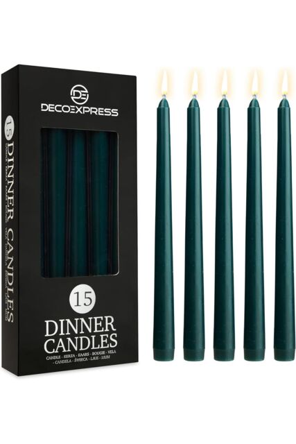 Deco Express Candles Set Classic Dripless Tapered Metallic Unscented 8 Hours Décor in Green - Size: 15 Pack - image 1