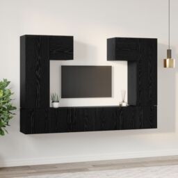 Berkfield Home TV Cabinet Set with Shelf Wall-mounted with Storage with Door 7 pcs Black oak Engineered wood - thumbnail 4