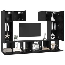 Berkfield Home TV Cabinet Set with Shelf Wall-mounted with Storage with Door 7 pcs Black oak Engineered wood - thumbnail 3