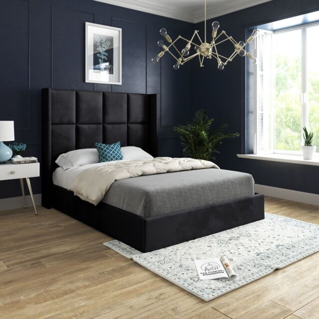 KDMD Quanta Straight Winged Upholstered Soft Velvet Black Bed Frame - Size: Small Single - image 1