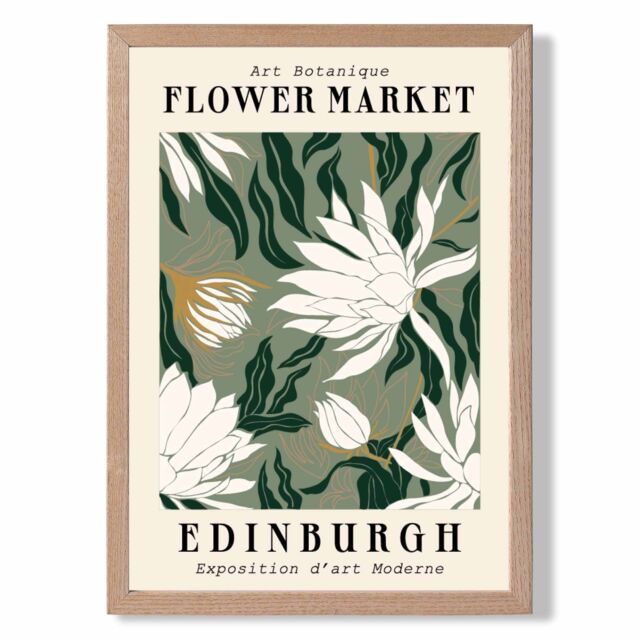 ARTZE Edinburgh Green & White Flower Market Exhibition Framed Print SIZE: A2 with Oak Frame in Beige - Size: A4 - image 1