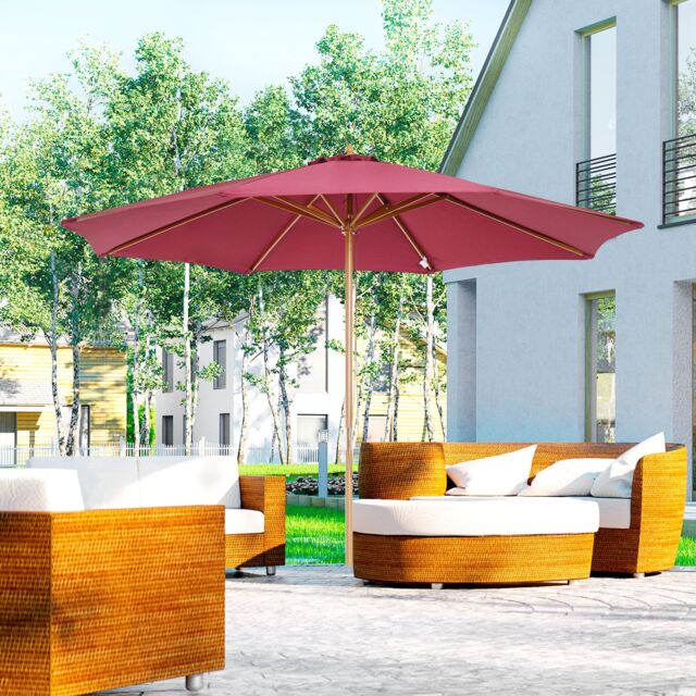 OUTSUNNY 3m Fir Wooden Garden Parasol Sun Shade Outdoor Umbrella Canopy in Red - image 1