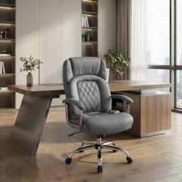Costway PU Leather Office Chair Padded Modern Executive Chair Computer Desk in Grey - thumbnail 1