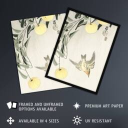 Artery8 Cuckoo In Early Summer Rain Vintage Japan Framed Wall Art Print Koson in Yellow - Size: A4 - thumbnail 2
