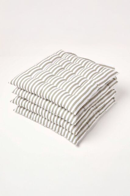 Homescapes Set of 4 Grey Stripe Seat Pad with Button Straps 100% Cotton 40 x 40 cm - Size: 40 cm x 40 cm - image 1