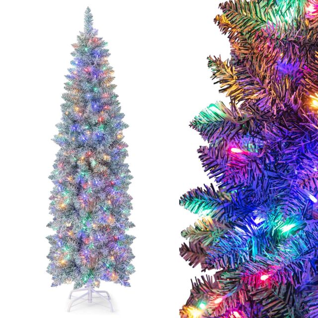 Gymax 6 FT Pre-Lit Christmas Slim Tree 475 Tips 250 Colorful Lights Metal Base in Green - Size: 6ft - image 1