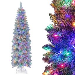 Gymax 6 FT Pre-Lit Christmas Slim Tree 475 Tips 250 Colorful Lights Metal Base in Green - Size: 6ft - thumbnail 1