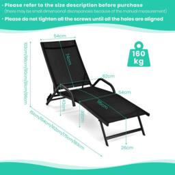 Costway Set of 2 Outdoor Chaise Lounge Chairs 5-Position Adjustable Recliners Sun Lounge in Black - thumbnail 3