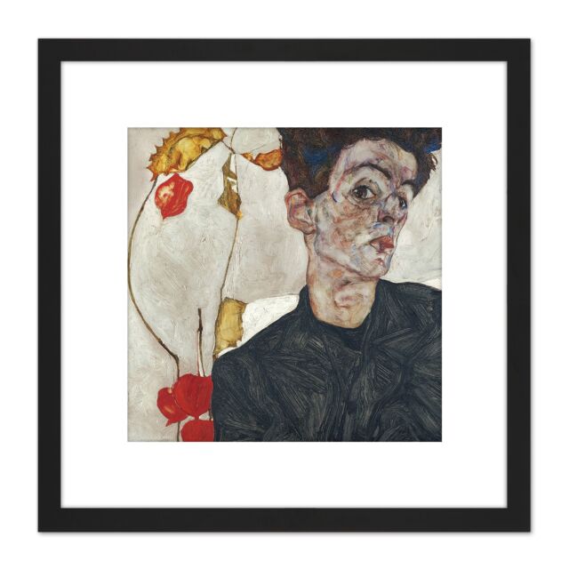 Artery8 Egon Schiele Self Portrait With Physalis 8X8 Inch Square Wooden Framed Wall Art Print Picture with Mount in Black - image 1