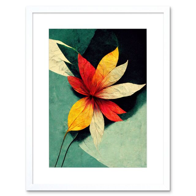 "Artery8 Wall Art Print Abstract Flowers Teal Red Yellow Artwork Framed 9X7 Inch in White - Size: W7"" x H9""" - image 1