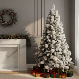 Shatchi 6FT Frosted Snowy Boulder Pine Helsinki Fir Green Tips Bushy Artificial Plain Christmas Tree in White
