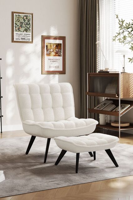 H&O Direct White Accent Chair Footstool Set Single Sofa Home Decor - image 1