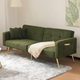 BTM Sofa bed with adjustable backrest cushions & side storage pockets in Green