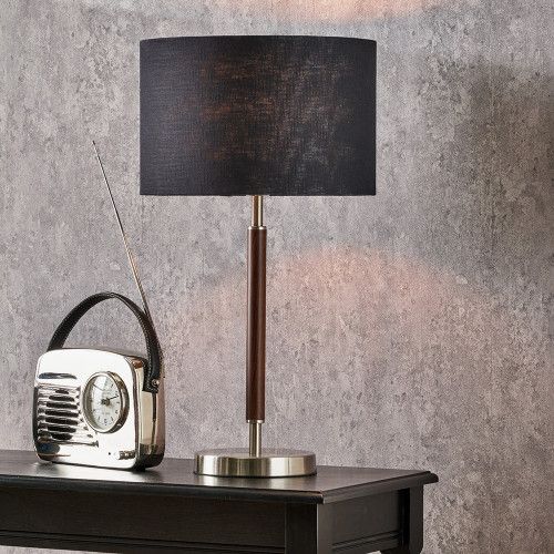 Ruma Silver & Wood Effect Table Lamp with Black Shade - image 1