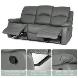 Bravich LTD Bonded Leather Recliner Sofa - 3 Seater in Grey - thumbnail 3