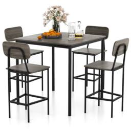 Gymax 5 PCS Industrial Dining Table Set Counter Height Table 4 Bar Stools in Grey