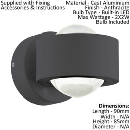 Loops 2 PACK IP44 Outdoor Wall Light Anthracite Cast Aluminium 2W LED Lamp - thumbnail 2