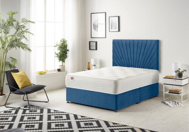 Somnior Platinum Ortho Sprung Memory Foam Mattress with Divan Bed with Headboard Plush Fabric in Navy - Size: Double - image 1