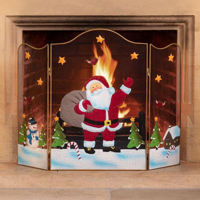 Christmas Fireguard Santa Claus 61cm Decoration Xmas Fireplace Screen Fire Guard 3 Panel Folding