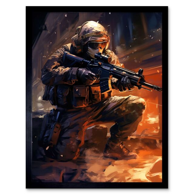 "Artery8 Wall Art Print Army Warfare Desert Sniper Explosion Flames Oil Painting Soldier Action Scene Art Framed in Black - Size: W12"" x H16""" - image 1