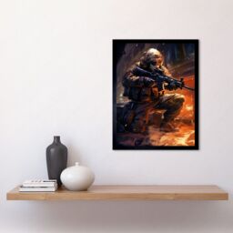 "Artery8 Wall Art Print Army Warfare Desert Sniper Explosion Flames Oil Painting Soldier Action Scene Art Framed in Black - Size: W12"" x H16""" - thumbnail 2