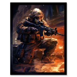 "Artery8 Wall Art Print Army Warfare Desert Sniper Explosion Flames Oil Painting Soldier Action Scene Art Framed in Black - Size: W12"" x H16""" - thumbnail 1
