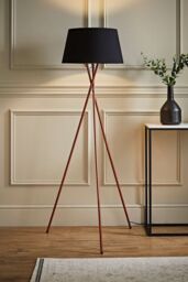 ValueLights Camden Copper Metal Tripod Floor Lamp with Black Tapered Lamp Shade - thumbnail 1
