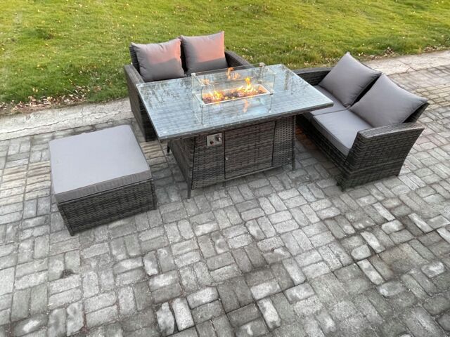 Fimous 4 Pieces Garden Furniture Sets Poly Rattan Outdoor Patio Gas Firepit Dining Table Sofa Set with Big Footstool in Dark Grey - image 1