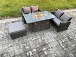Fimous 4 Pieces Garden Furniture Sets Poly Rattan Outdoor Patio Gas Firepit Dining Table Sofa Set with Big Footstool in Dark Grey - thumbnail 1