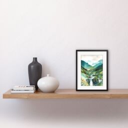 "Artery8 Wall Art Print River Cascades Waterfall in Misty Landscape Modern Watercolour Painting Artwork Framed 9X7 Inch in Black - Size: W7"" x H9""" - thumbnail 2