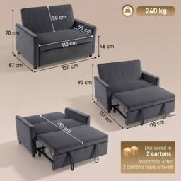 HOMCOM 2 Seater Sofa Bed, 3-in-1 Velvet Pull Out Sleeper Sofa, Dark Grey - thumbnail 3